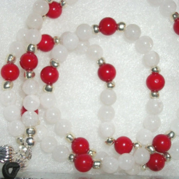 GIfted  OOAK NEcklace/ Eyeglass chain holder +Earrings Wht Onyx+coral - Picture 3 of 5